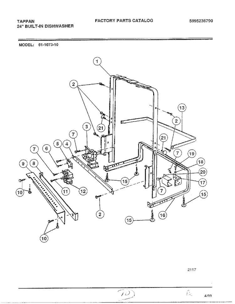 Front Frame Assy Diagram and Parts List for 61-1073-10  Frigidaire Dishwasher