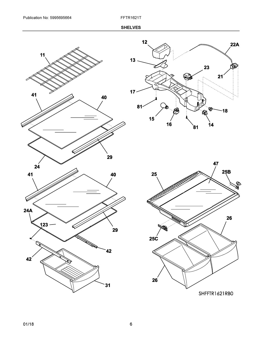 Shelves Diagram and Parts List for FFTR1621TB1  Frigidaire Refrigerator