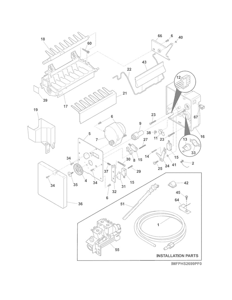 Ice Maker Diagram and Parts List for FGHS2355PF4  Frigidaire Refrigerator
