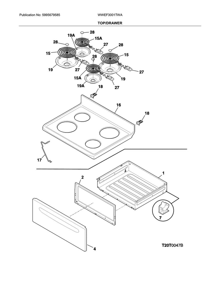 Top/drawer Diagram and Parts List for WWEF3001TWA  Westinghouse Range