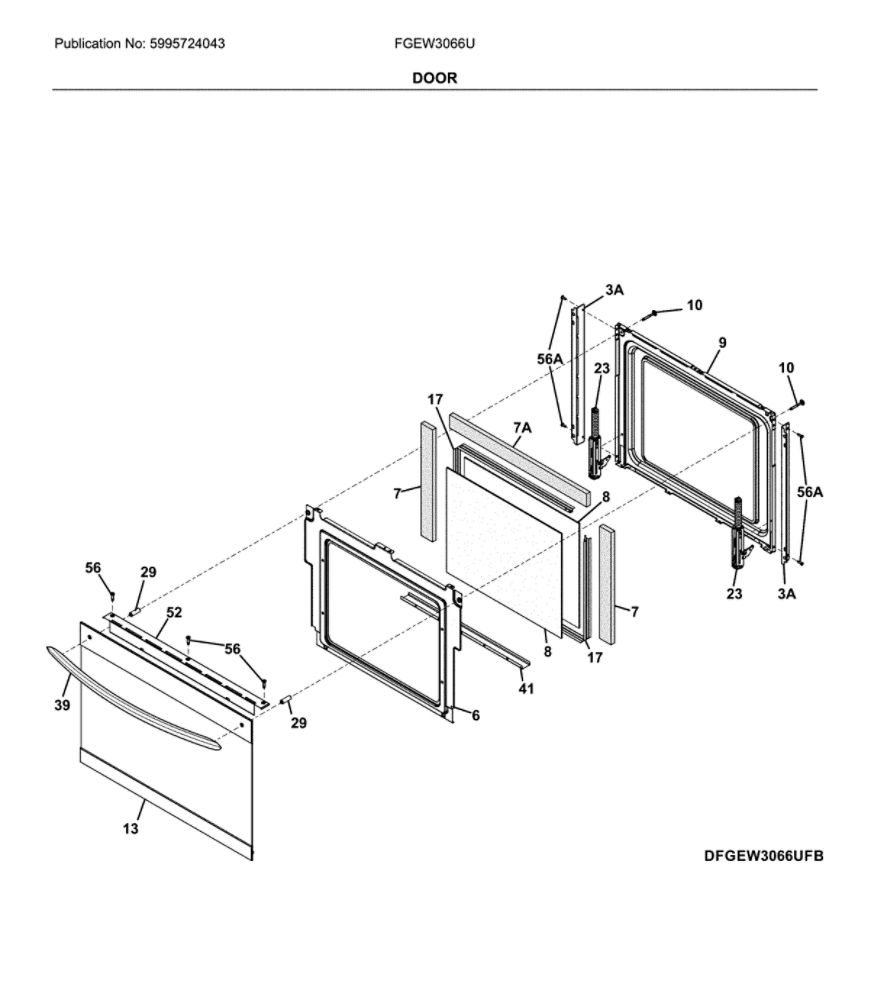 Door Diagram and Parts List for FGEW3066UDC  Frigidaire Wall Oven