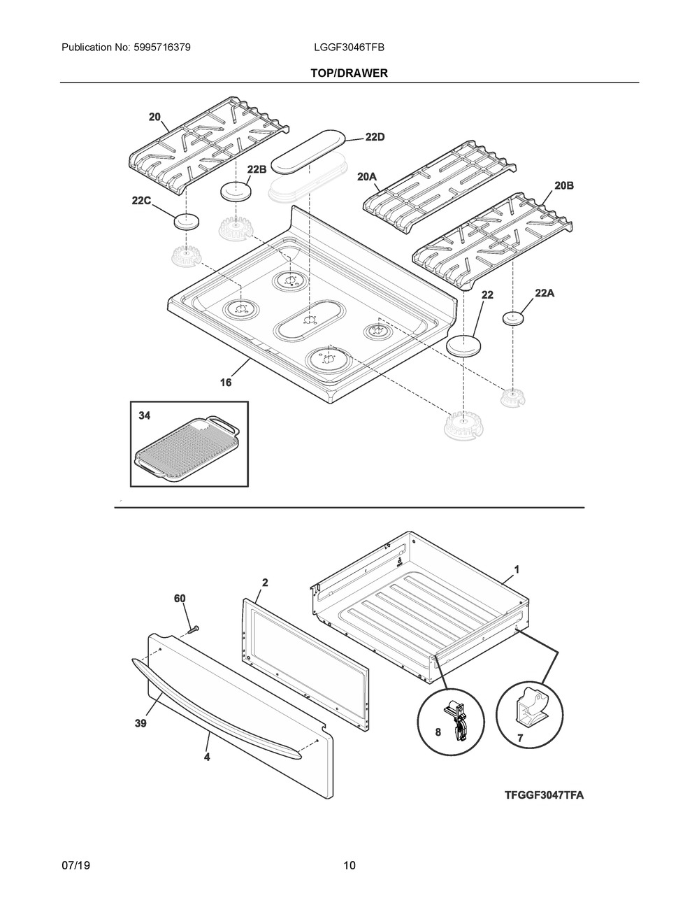 Top/drawer Diagram and Parts List for LGGF3046TFB  Frigidaire Range