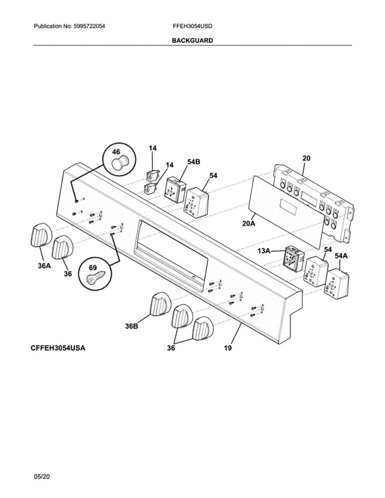 Backguard Diagram and Parts List for FFEH3054USD  Frigidaire Range