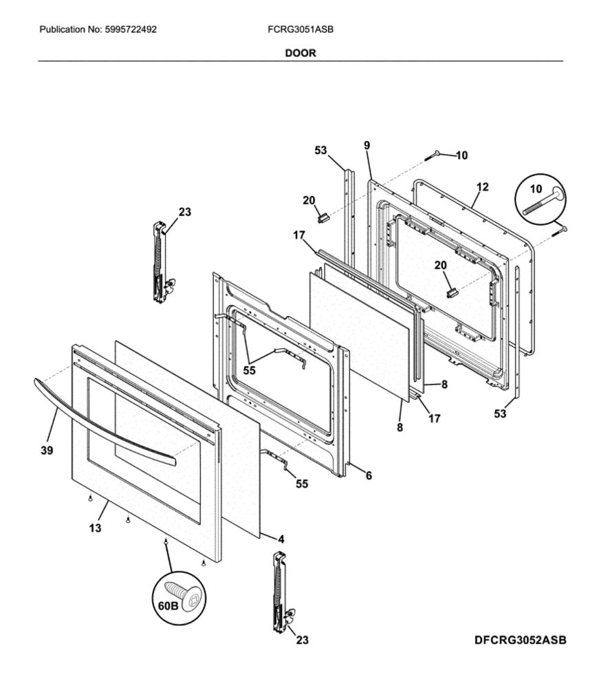 Door Diagram and Parts List for FCRG3051ASB  Frigidaire Range