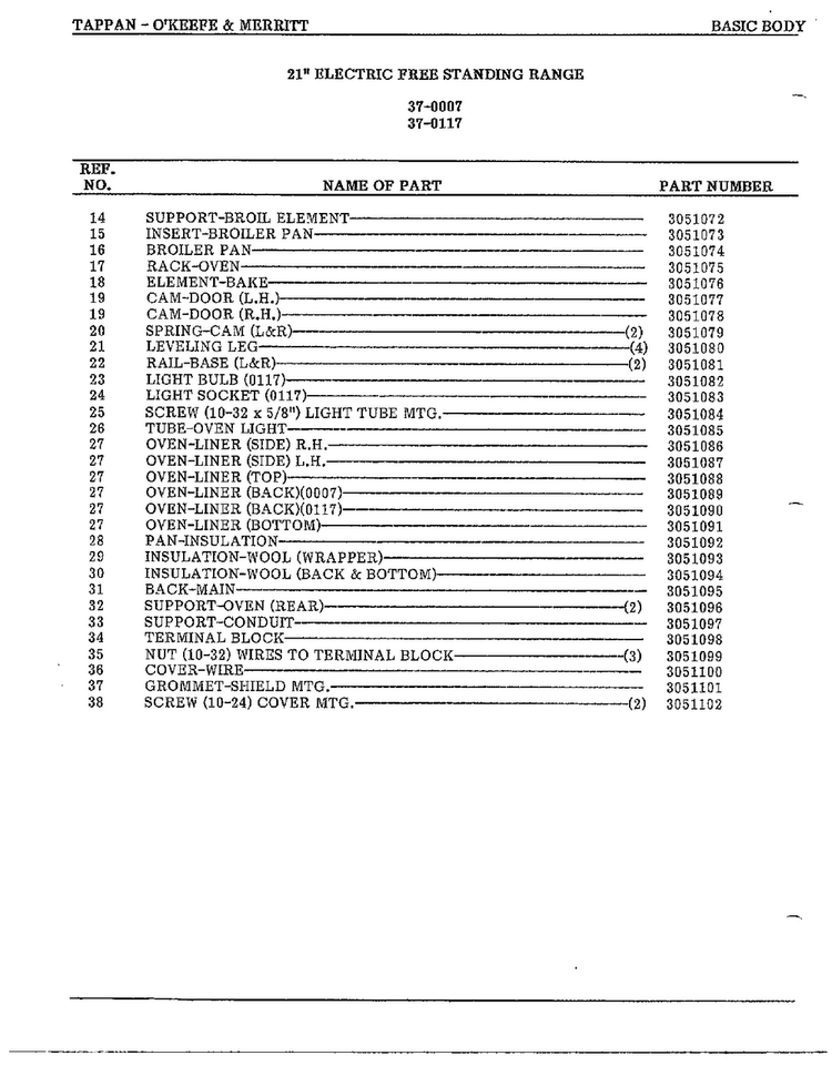 Basic Body Page 2 Diagram and Parts List for 37-0117  Frigidaire Range