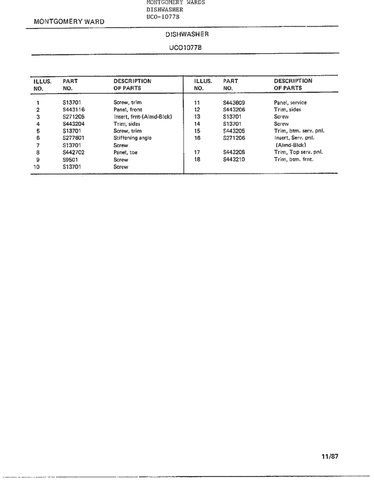 Dishwasher Page 3 Diagram and Parts List for 1077B  Frigidaire Dishwasher