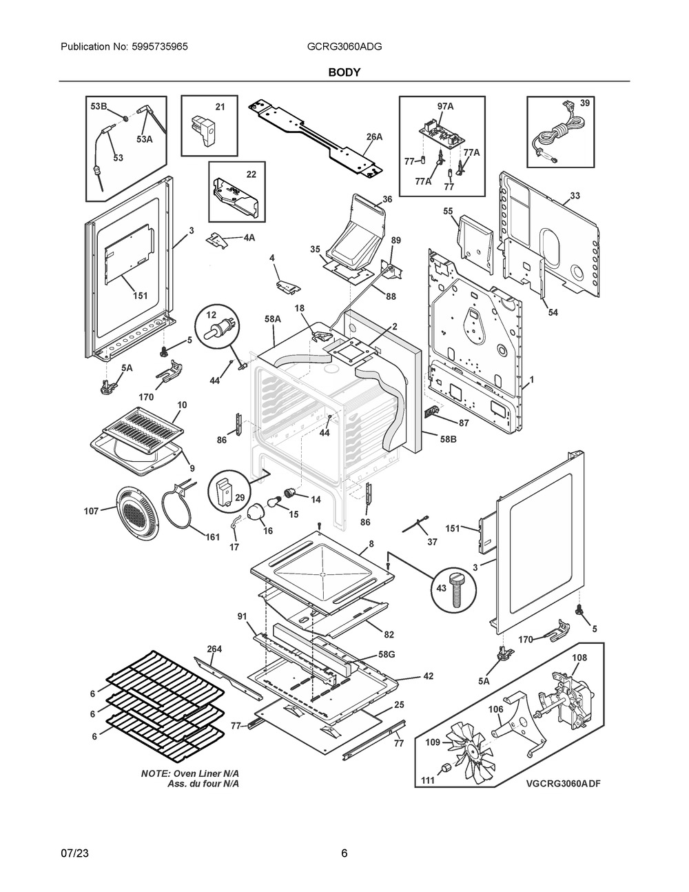 Body Diagram and Parts List for GCRG3060ADG  Frigidaire Range