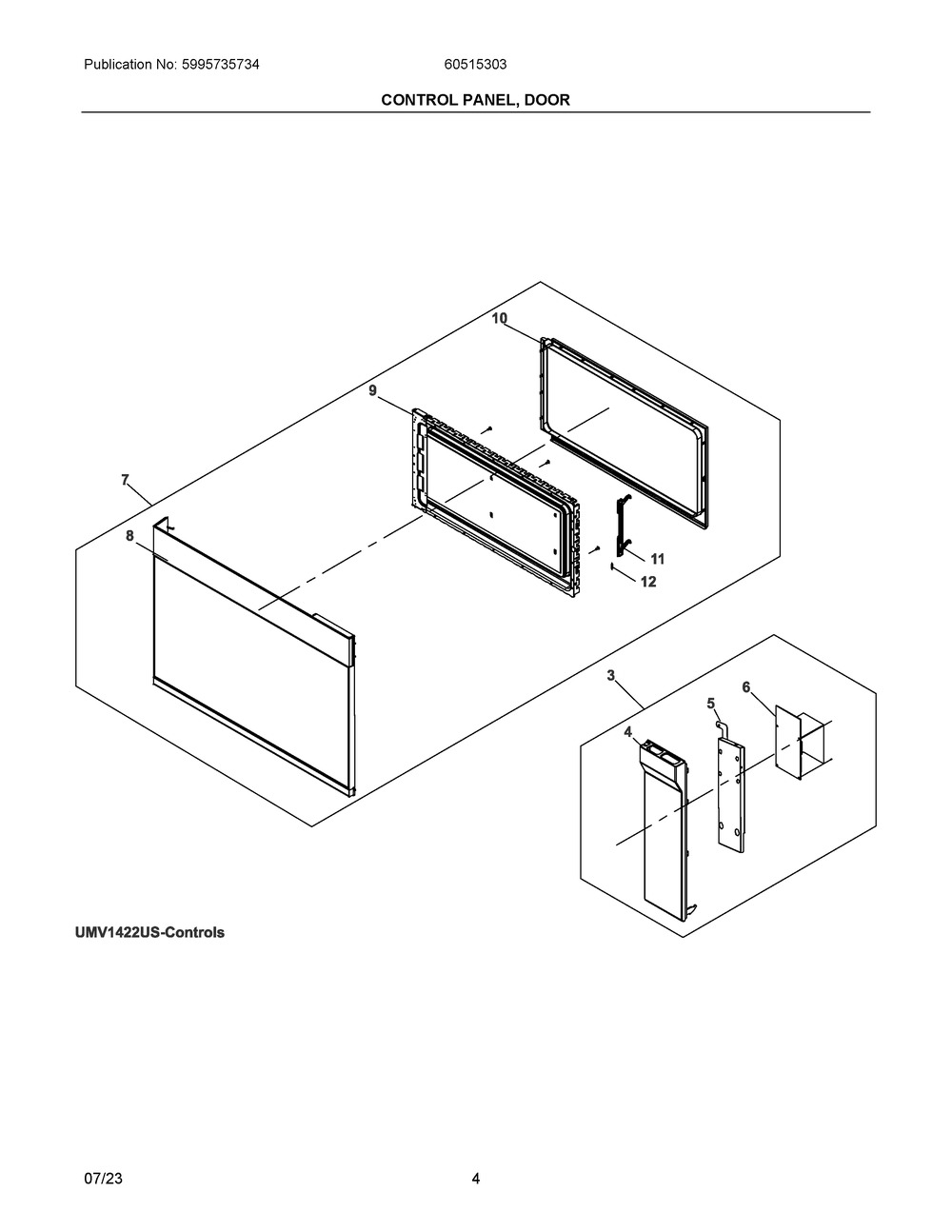 Control Panel, Door Diagram and Parts List for 60515303  Frigidaire Microwave