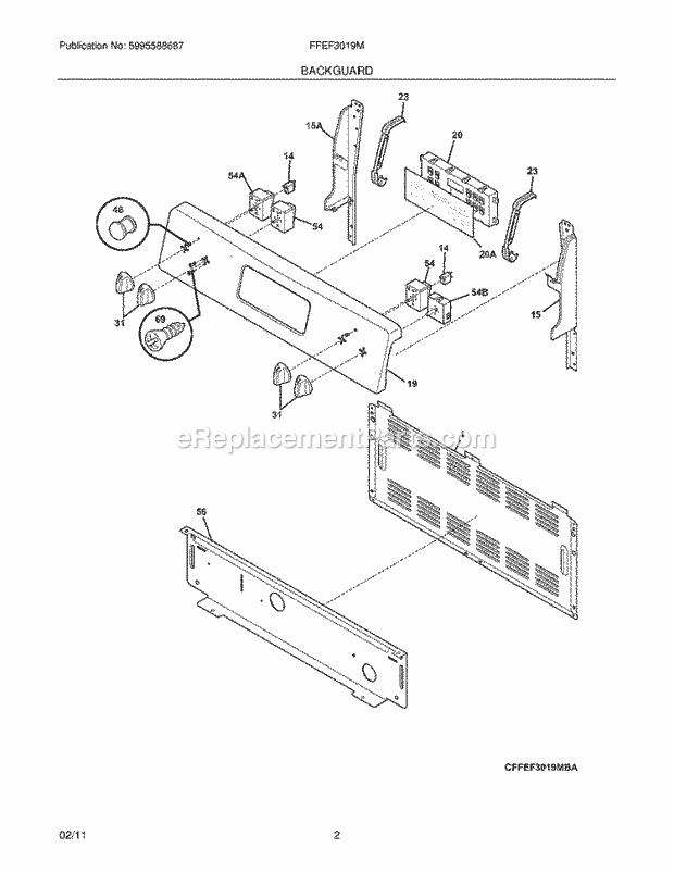 Backguard Diagram and Parts List for FFEF3019MWB  Frigidaire Range
