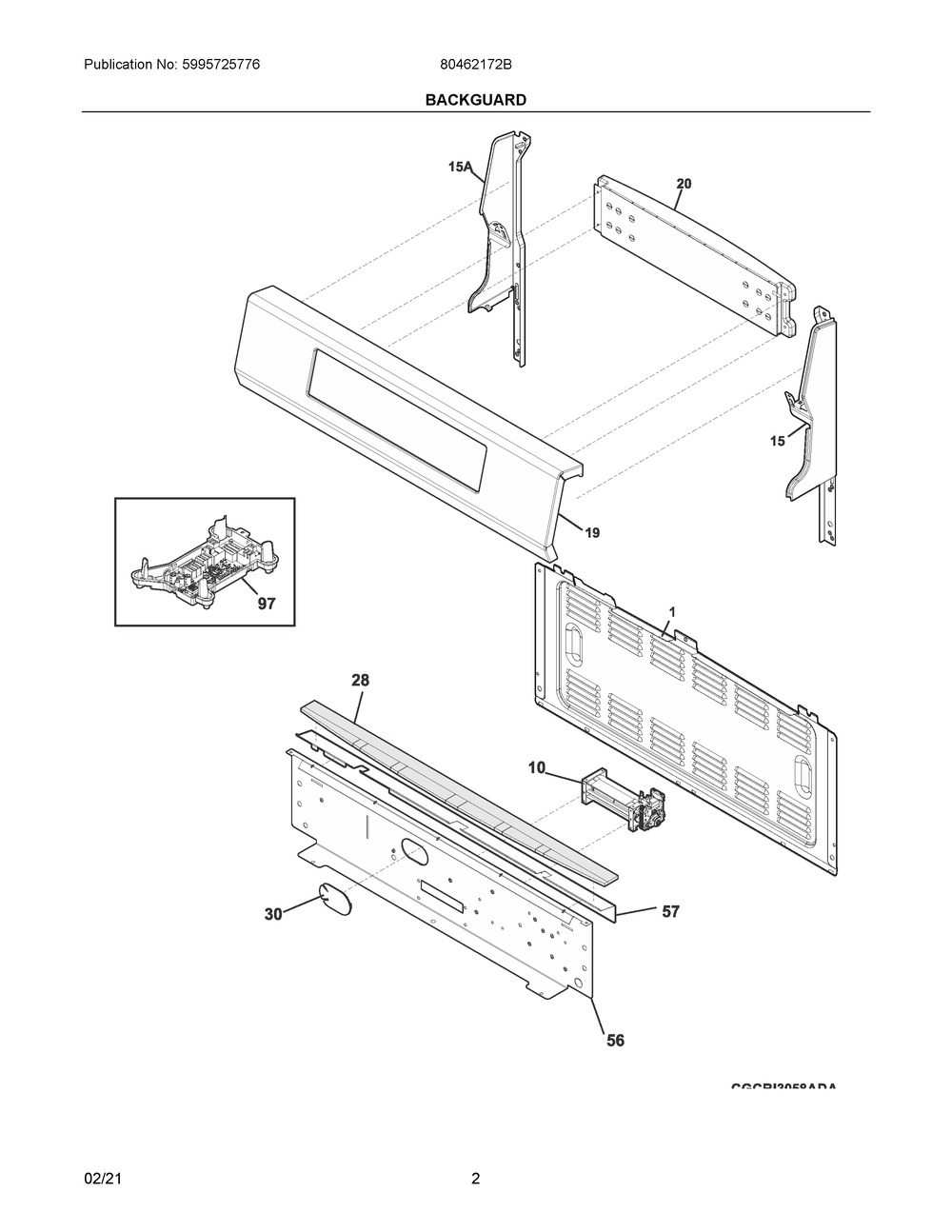 Backguard Diagram and Parts List for 80462172B  Frigidaire Range