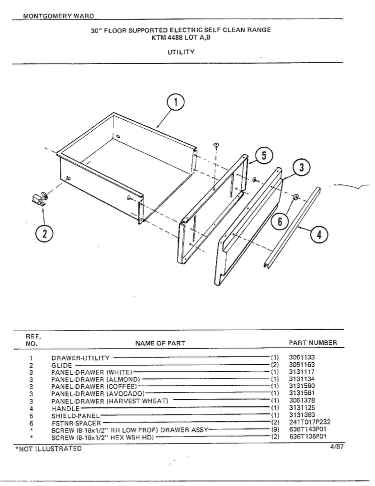 30" Floor/utility Diagram and Parts List for 4488B  Frigidaire Range