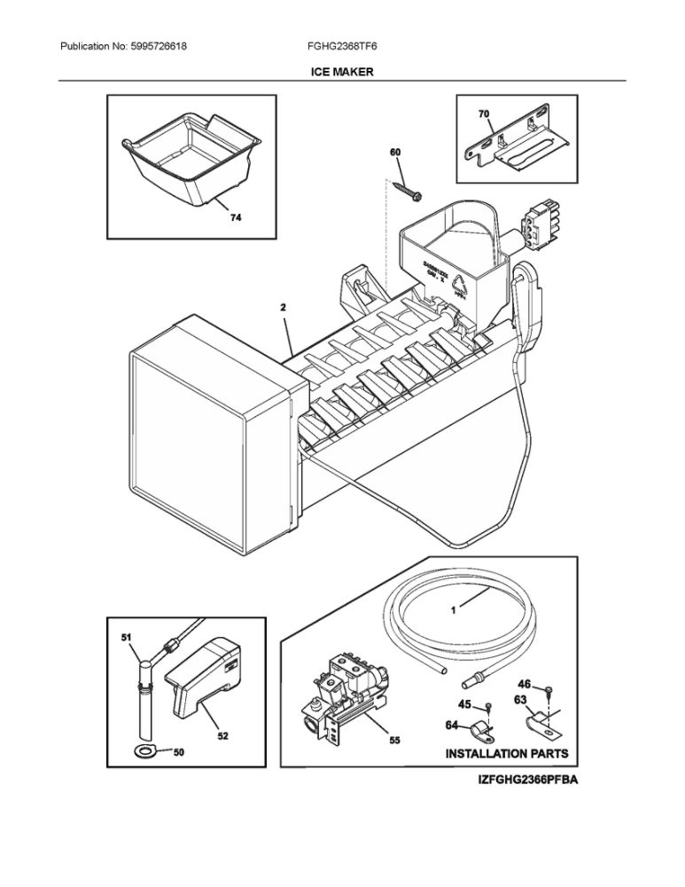 Ice Maker Diagram and Parts List for FGHG2368TF6  Frigidaire Refrigerator