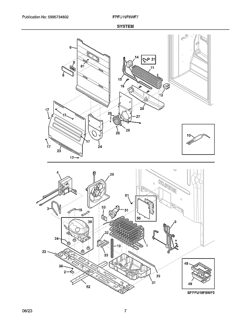 System Diagram and Parts List for FPFU19F8WF7  Frigidaire Freezer