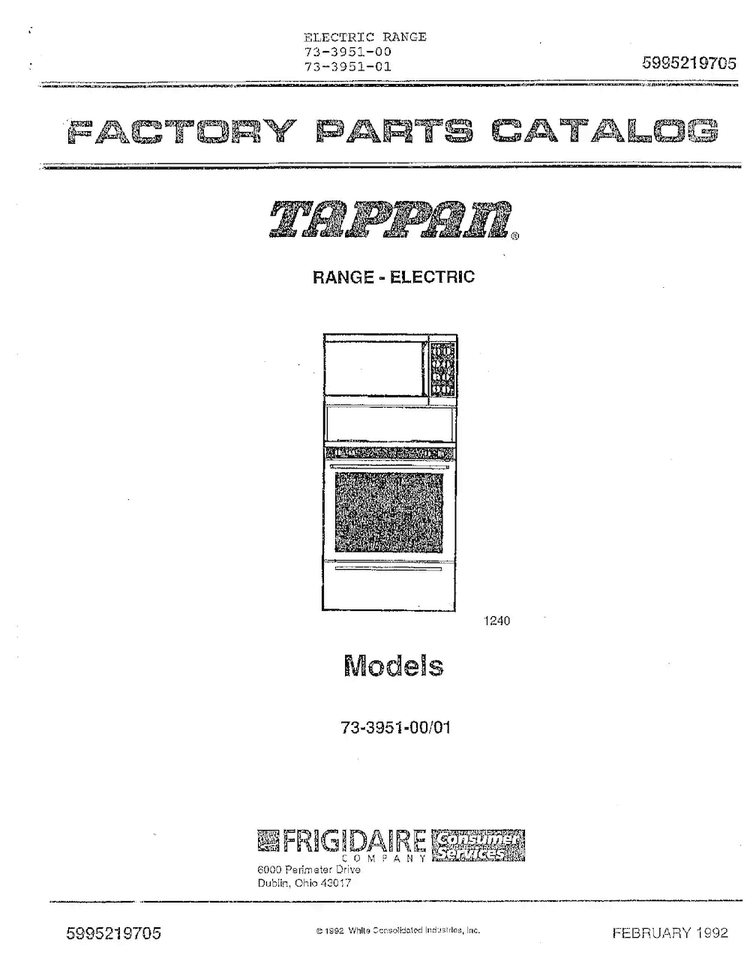 Electric Range Diagram and Parts List for 73-3951-00  Tappan Range