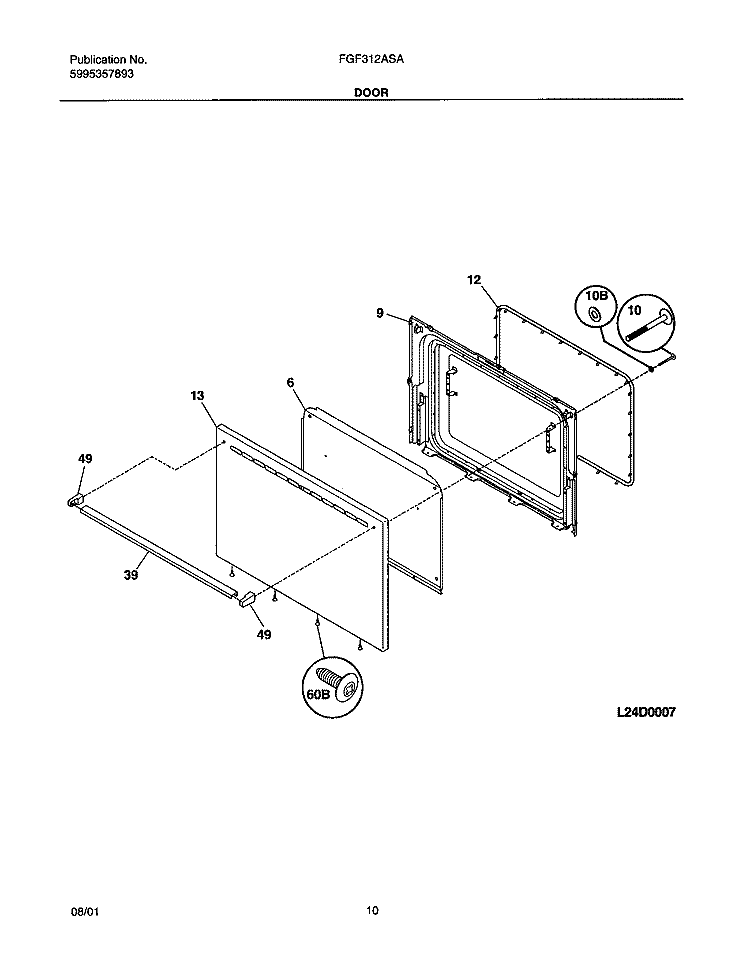 DOOR Diagram and Parts List for FGF312ASA  Frigidaire Range