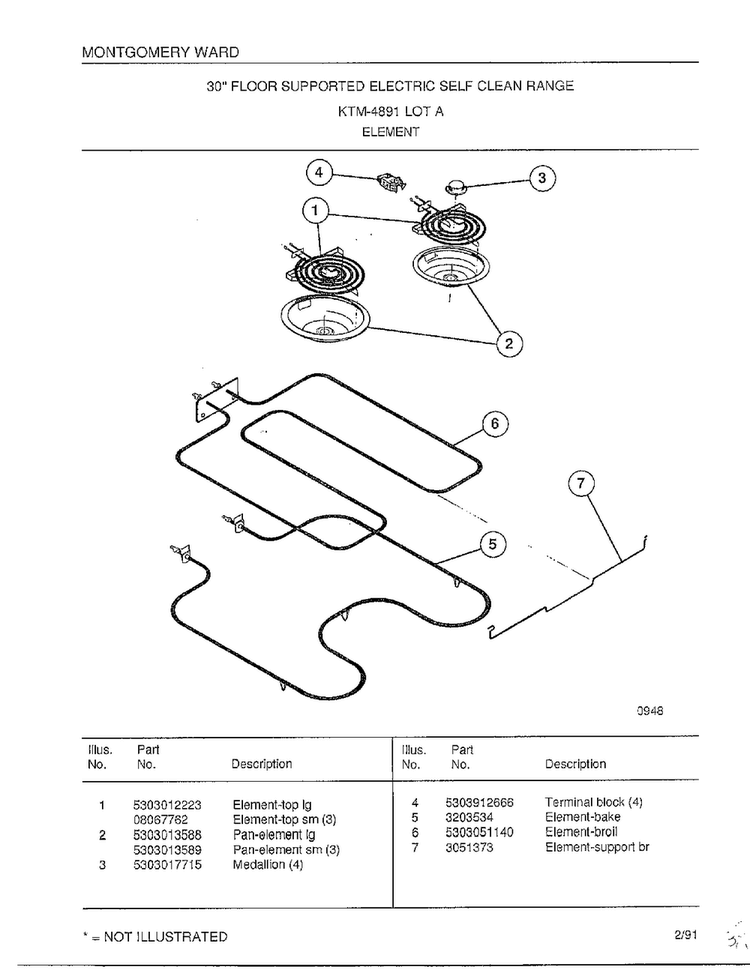 Element Diagram and Parts List for 4891A  Frigidaire Range
