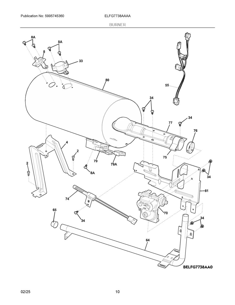 Burner Diagram and Parts List for ELFG7738AA0  Frigidaire Dryer
