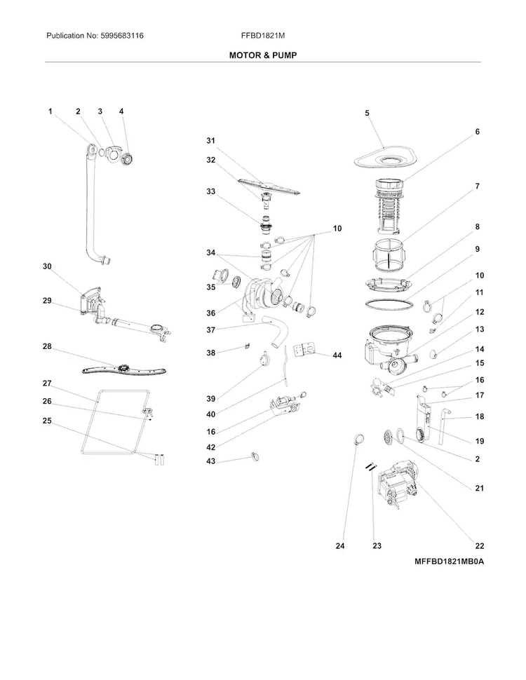 Motor & Pump Diagram and Parts List for FFBD1821MS1B  Frigidaire Dishwasher
