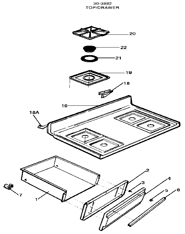 Top/drawer Diagram and Parts List for 30-3882  Tappan Range