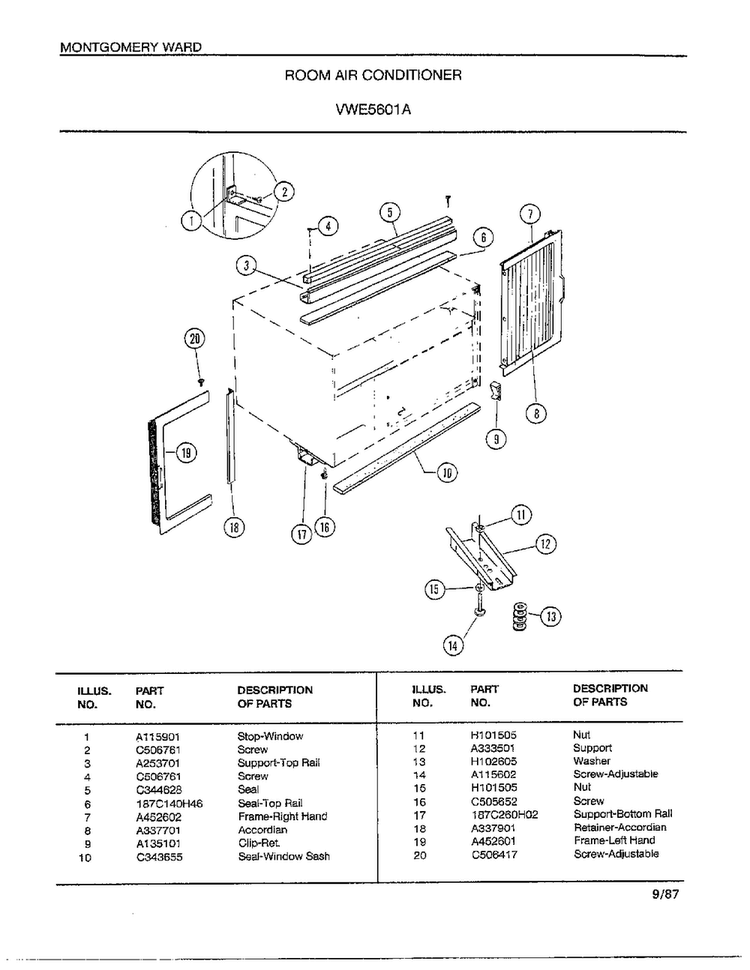 Room Air Conditioner Page 5 Diagram and Parts List for 5601A  Frigidaire Air Conditioner