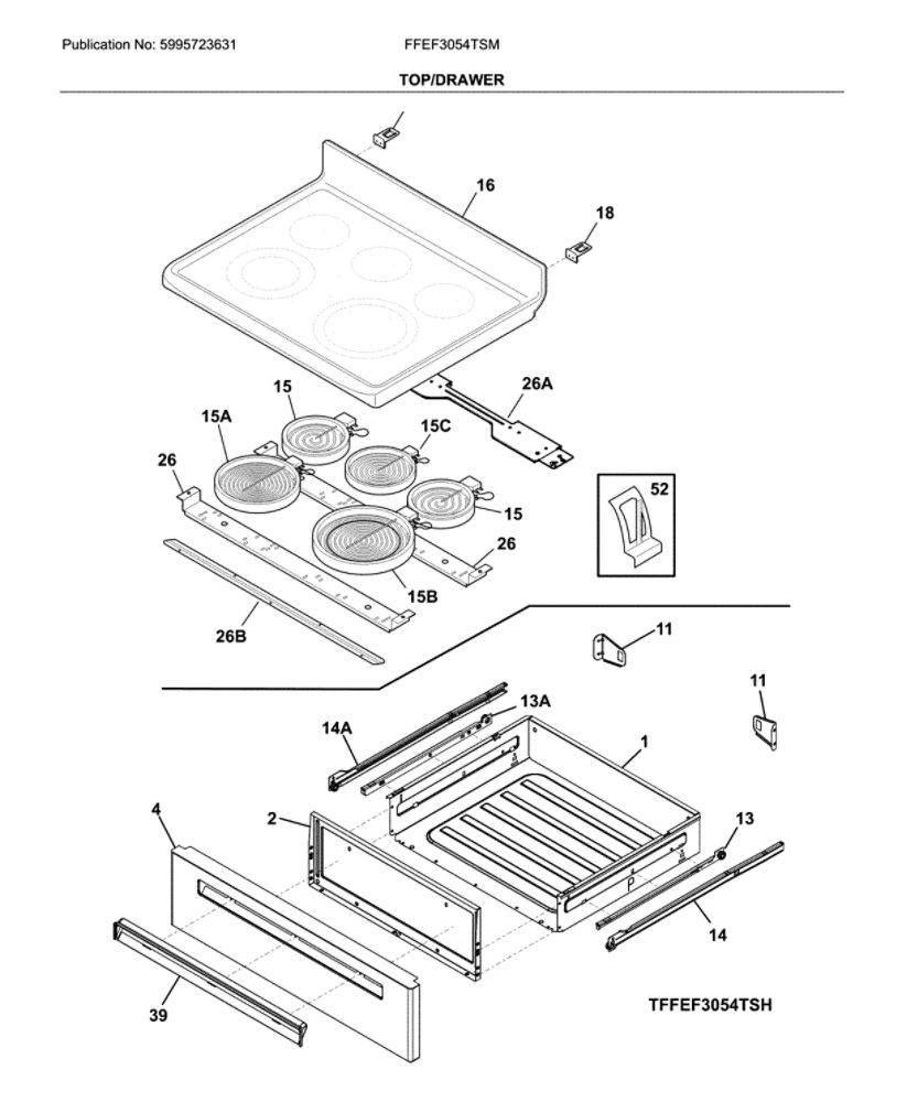 Top/Drawer Diagram and Parts List for FFEF3054TSM  Frigidaire Range