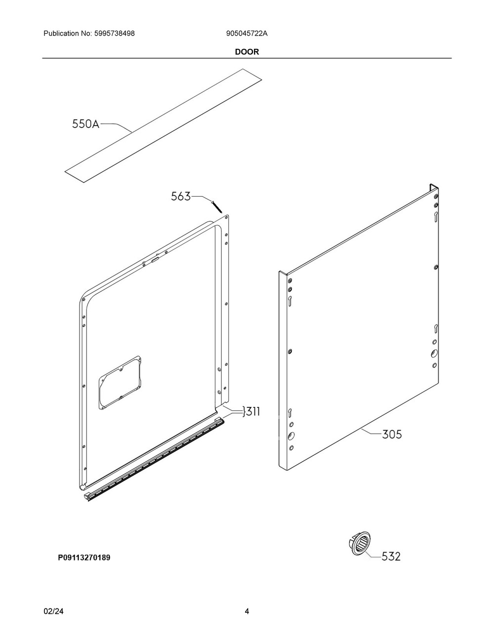 Door Diagram and Parts List for 905045722A  Frigidaire Dishwasher