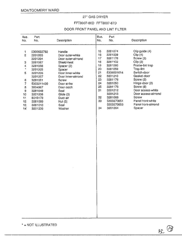 Door Front Panel/lint Filter Page 2 Diagram and Parts List for 8007-87D  Frigidaire Dryer