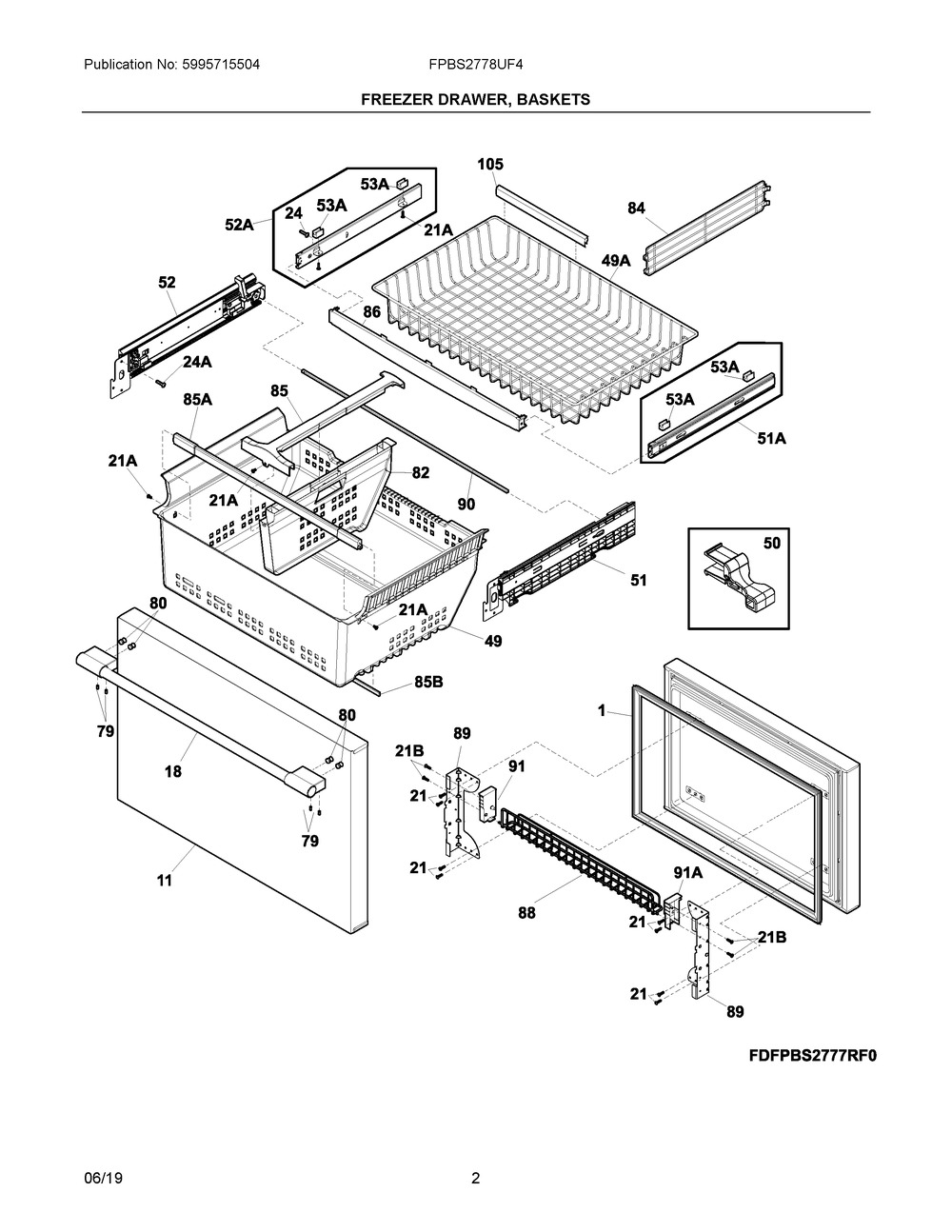 Freezer Drawer, Baskets Diagram and Parts List for FPBS2778UF4  Frigidaire Refrigerator
