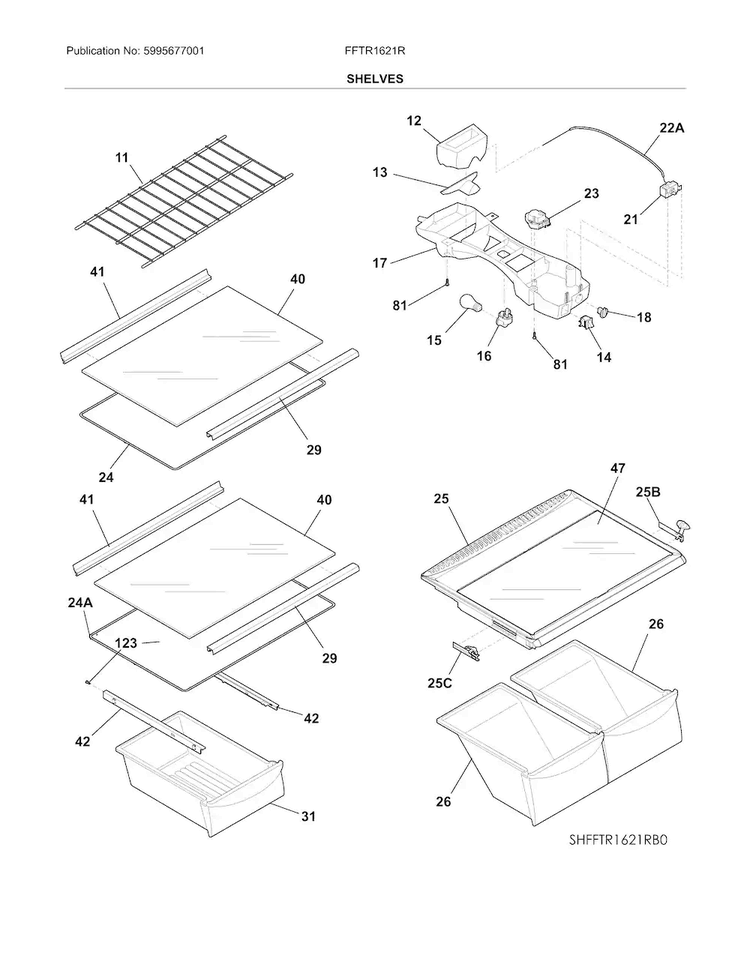 Shelves Diagram and Parts List for FFTR1621RS0  Frigidaire Refrigerator