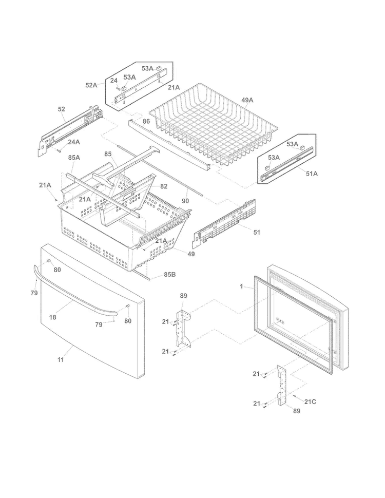Freezer Drawer, Baskets Diagram and Parts List for FFHB2740PE3  Frigidaire Refrigerator