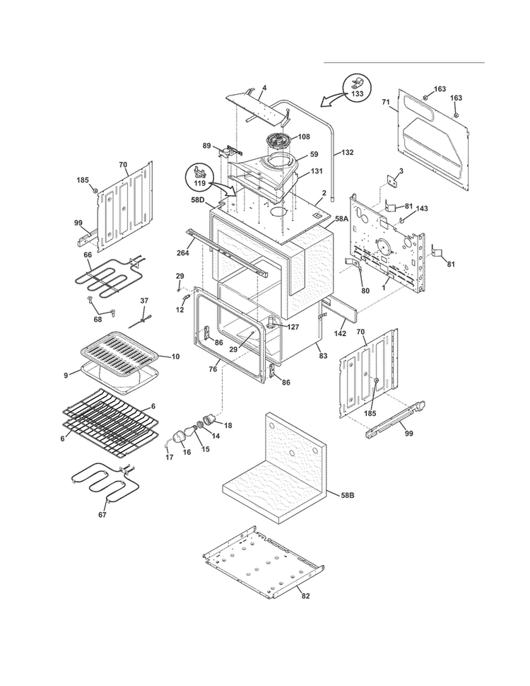 Upper Oven Diagram and Parts List for FFET3025LWB  Frigidaire Wall Oven