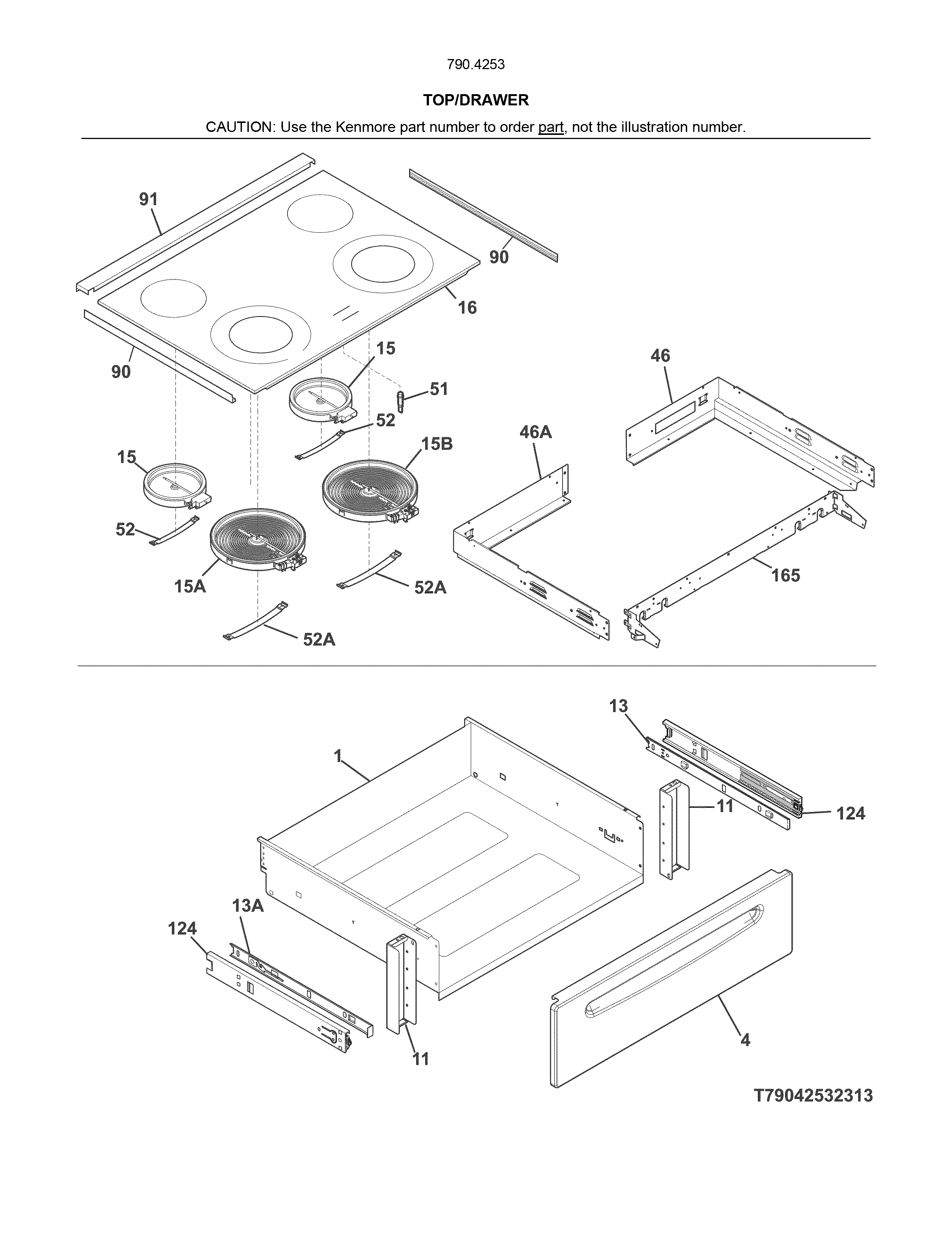 Top/drawer Diagram and Parts List for 79042531315  Kenmore Range