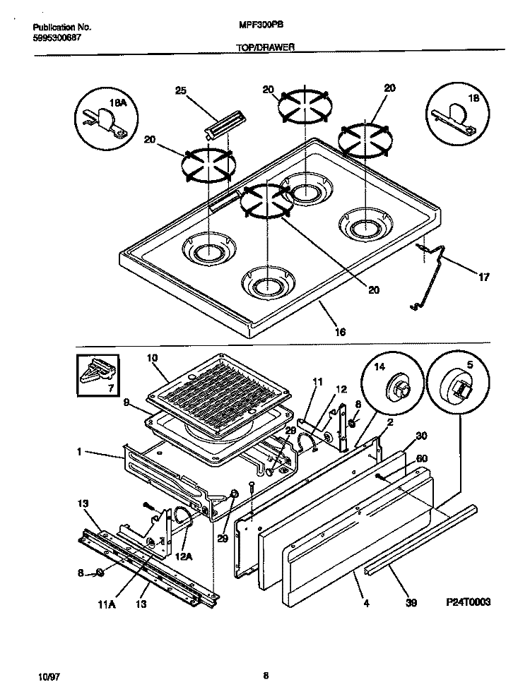 TOP / DRAWER Diagram and Parts List for MPF300PBDE  Frigidaire Range