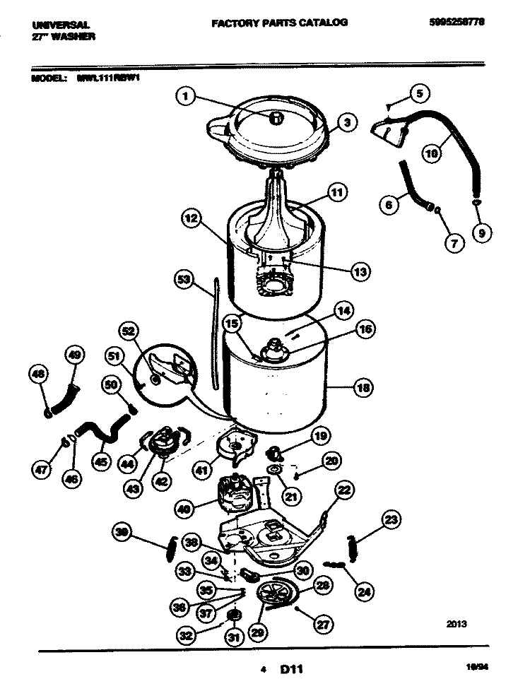 DRUM Diagram and Parts List for MWL111RBW1  Frigidaire Washer