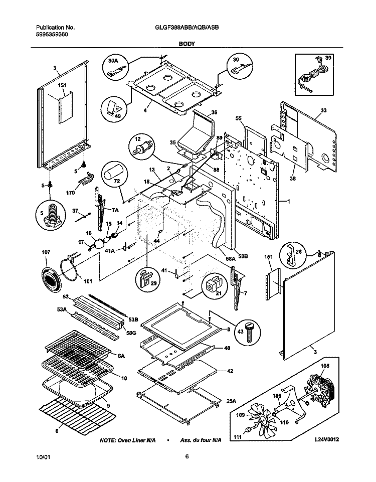 BODY Diagram and Parts List for GLGF388AQB  Frigidaire Range