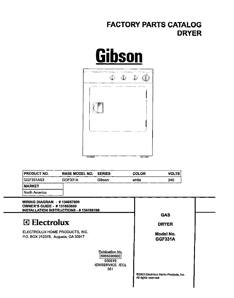 COVER Diagram and Parts List for GGF331AS3  Gibson Dryer