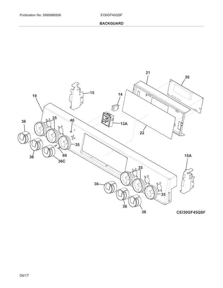 Backguard Diagram and Parts List for EI30GF45QSF  Electrolux Range