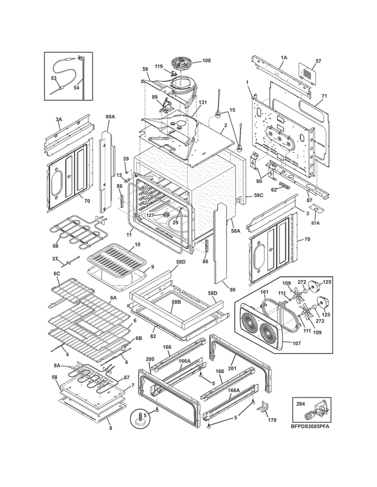 Body Diagram and Parts List for FPDS3085PFB  Frigidaire Range