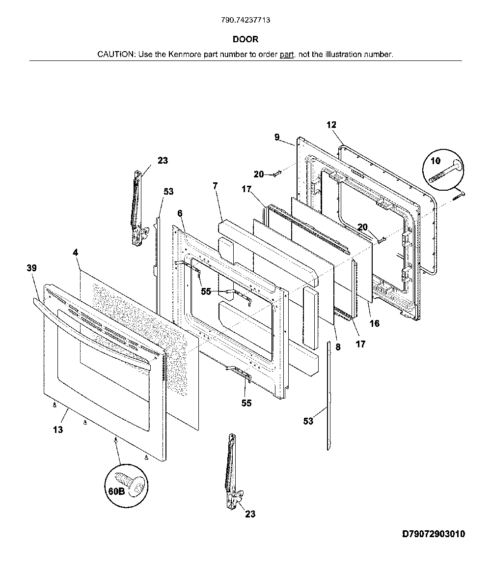 Door Diagram and Parts List for 79074237713  Kenmore Range