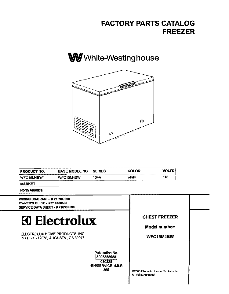 COVER Diagram and Parts List for WFC15M4BW1  Westinghouse Freezer