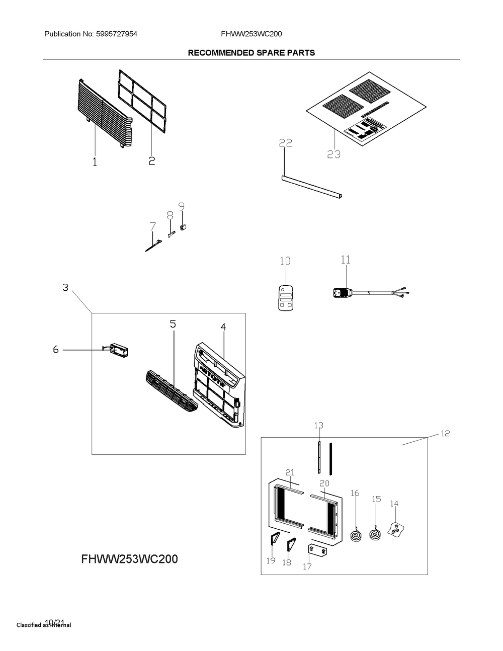 Spares Diagram and Parts List for FHWW253WC200  Frigidaire Air Conditioner