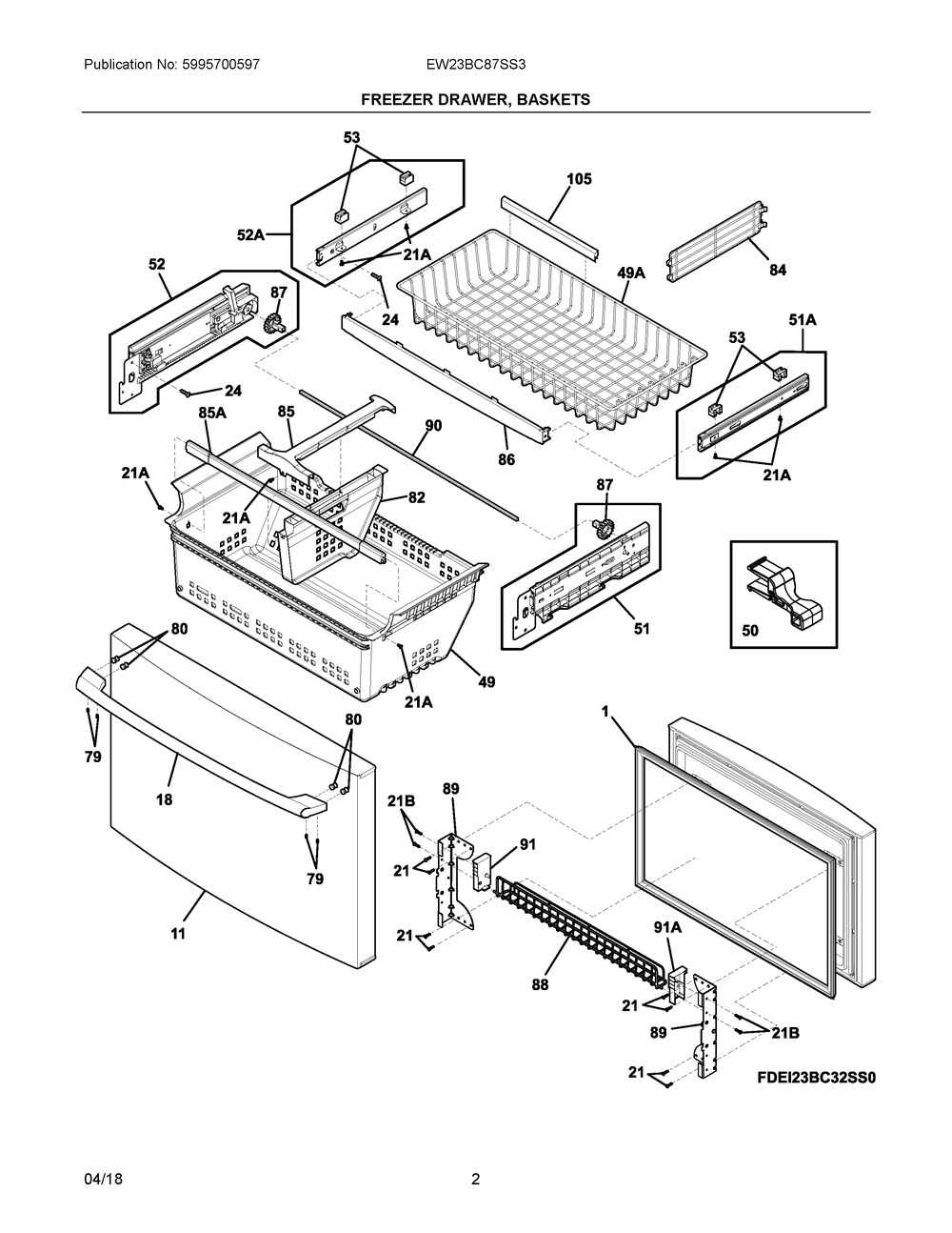 Freezer Drawer, Baskets Diagram and Parts List for EW23BC87SS3  Frigidaire Refrigerator