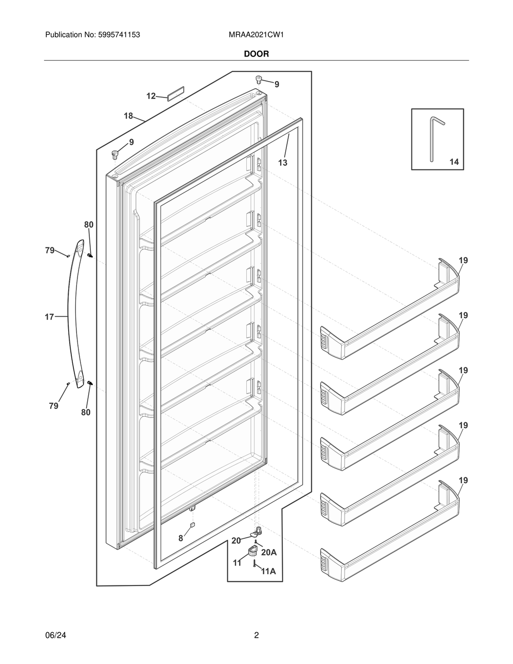 Door Diagram and Parts List for MRAA2021CW1  Frigidaire Refrigerator