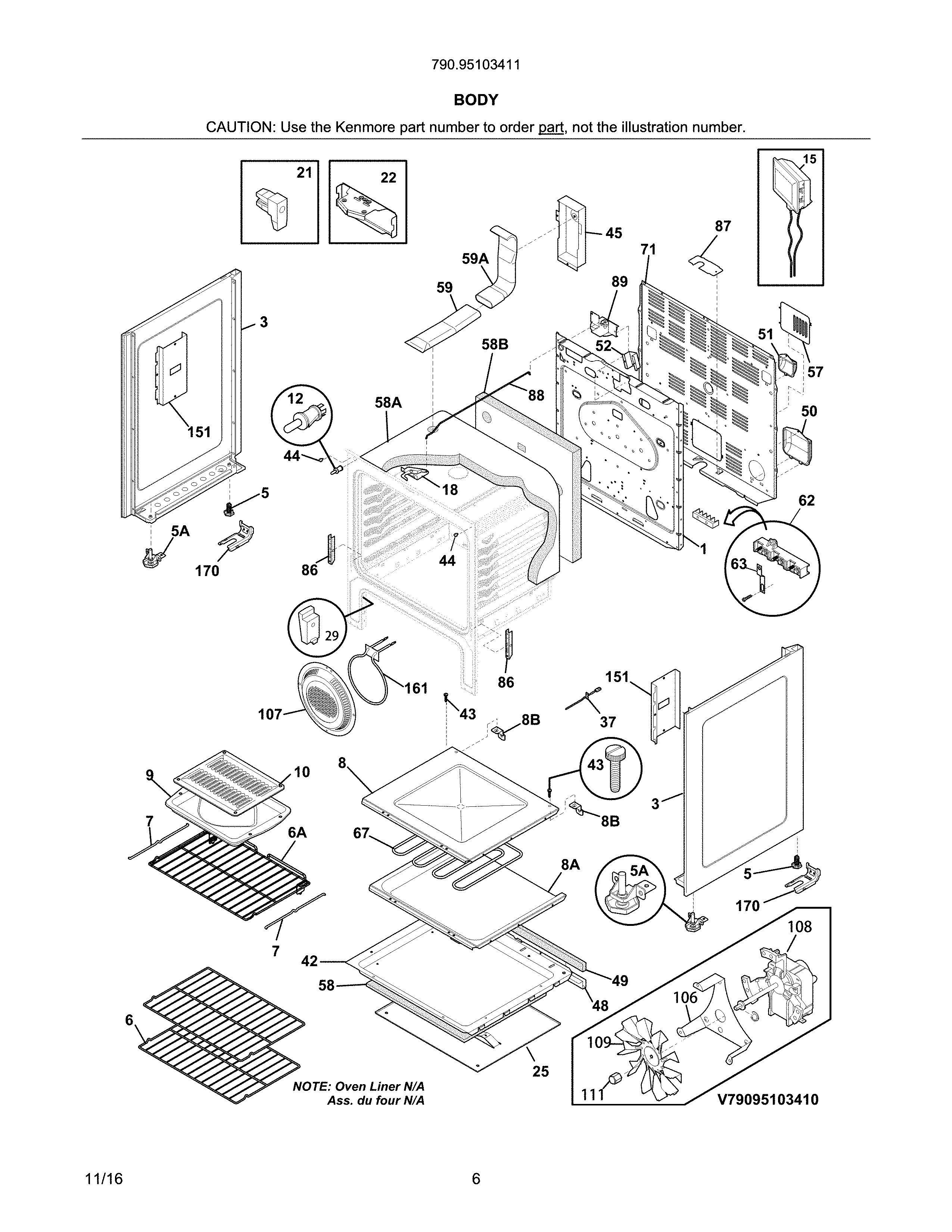 Body Diagram and Parts List for 79095103411  Kenmore Range