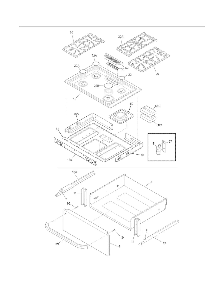 Main Top/drawer Diagram and Parts List for FFGS3025LSE  Frigidaire Range
