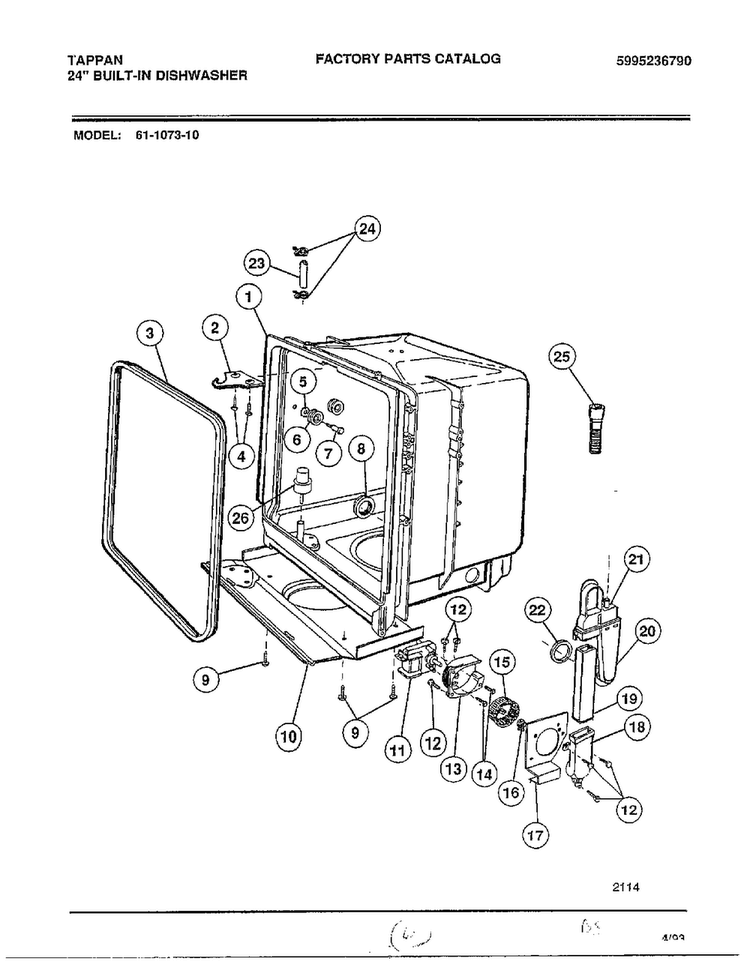 Tub Diagram and Parts List for 61-1073-10  Frigidaire Dishwasher