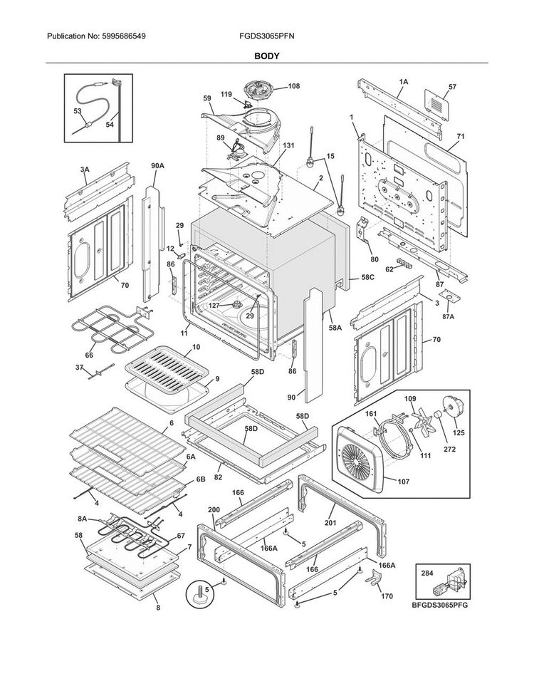 Body Diagram and Parts List for FGDS3065PFN  Frigidaire Range