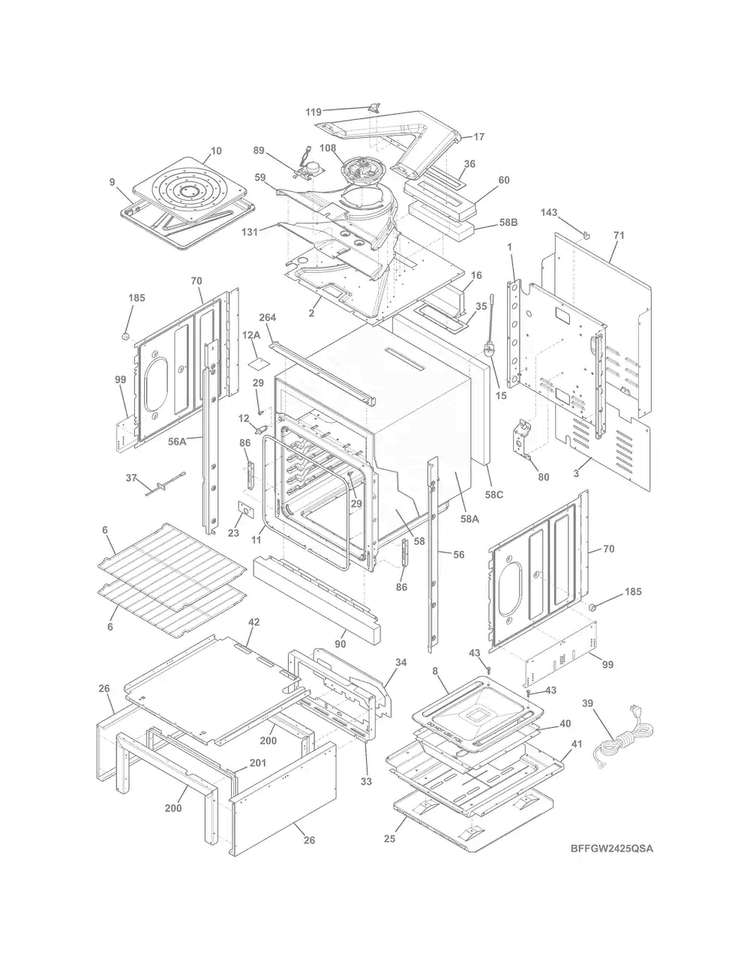Body Diagram and Parts List for FFGW2425QSA  Frigidaire Wall Oven