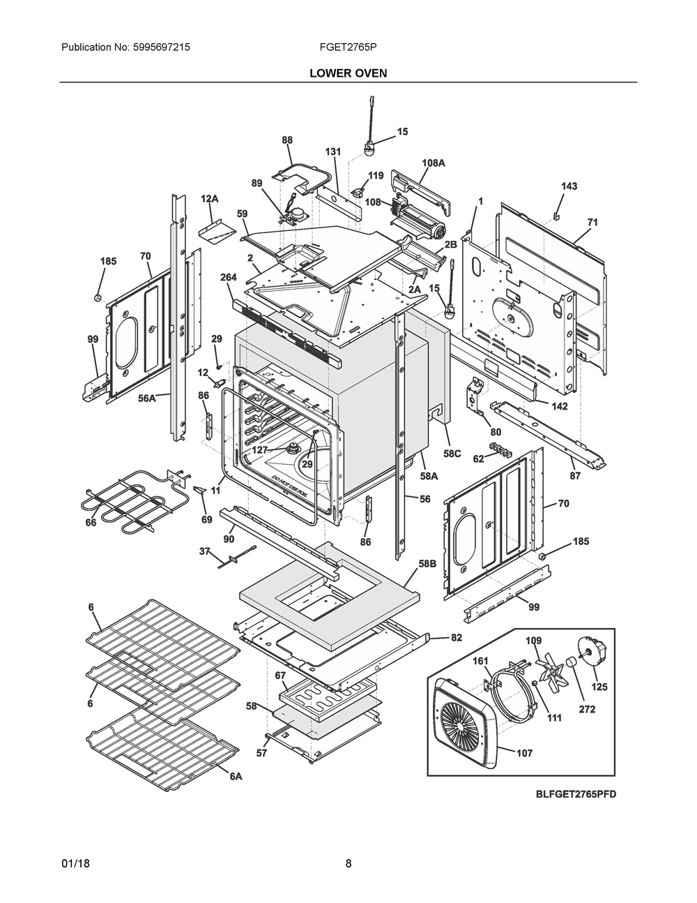 Lower Oven Diagram and Parts List for FGET2765PBE  Frigidaire Wall Oven