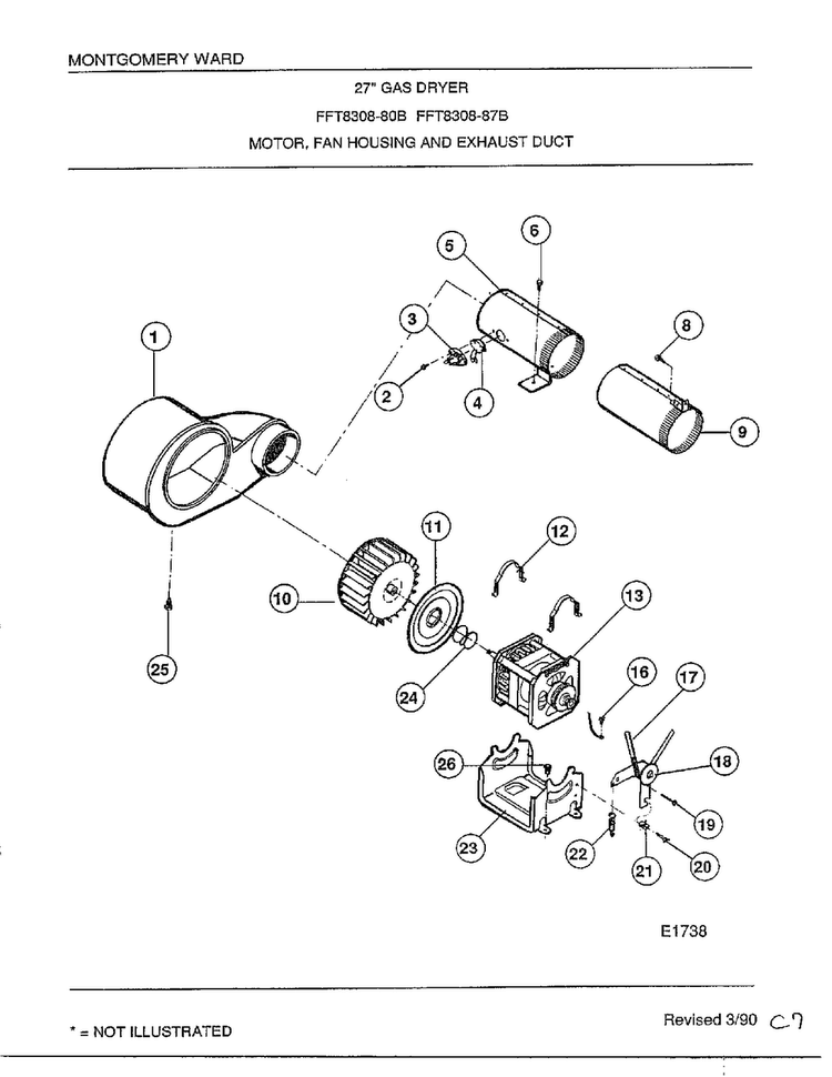 Motor, Fan Housing And Exhaust Duct Diagram and Parts List for 7308B  Frigidaire Dryer
